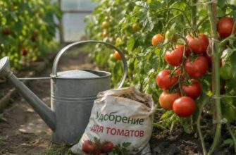 Чем подкормить помидоры для крупного урожая: спелые томаты на кусте, лейка и мешок с удобрением