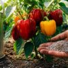 Чем подкормить перец: крупные сладкие плоды на кусте, рука с гранулами удобрения, рядом лейка и древесная зола