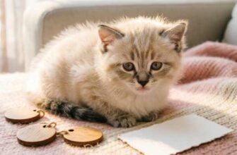 Как назвать кошку — котёнок на пледе с бирками для имени